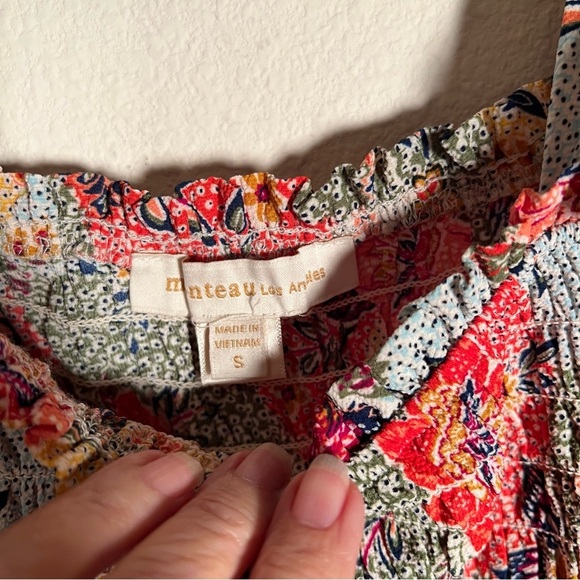 Monteau Smocked Floral Puff Sleeve Crop Top Square Neck Boho Y2K Cottagecore - Picture 4 of 9